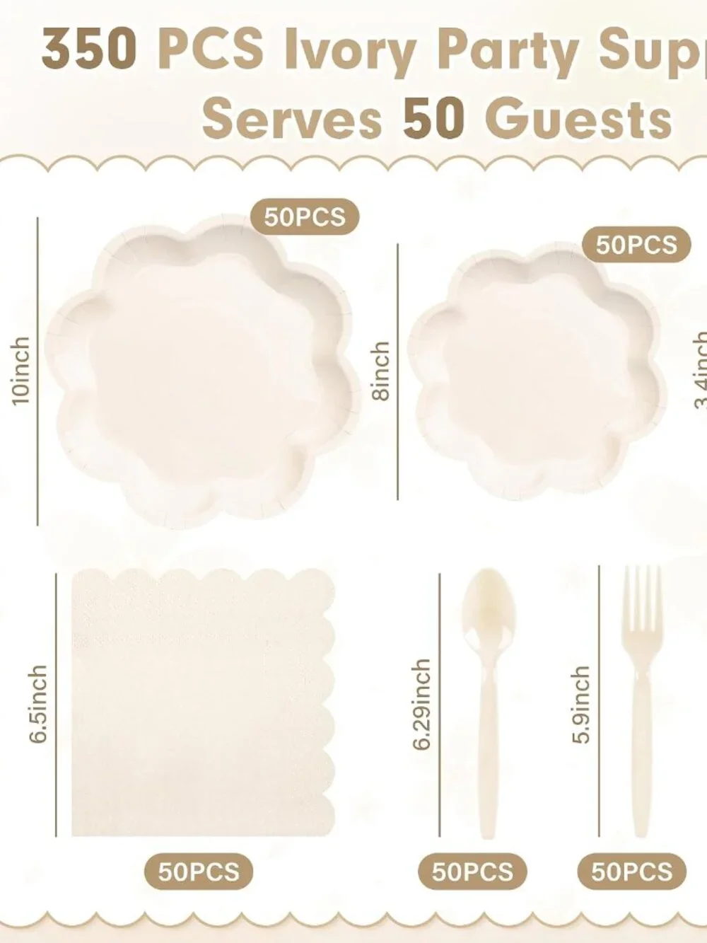 350 Pcs Party Plates and Cups and Napkins Ivory Scalloped Tableware Set